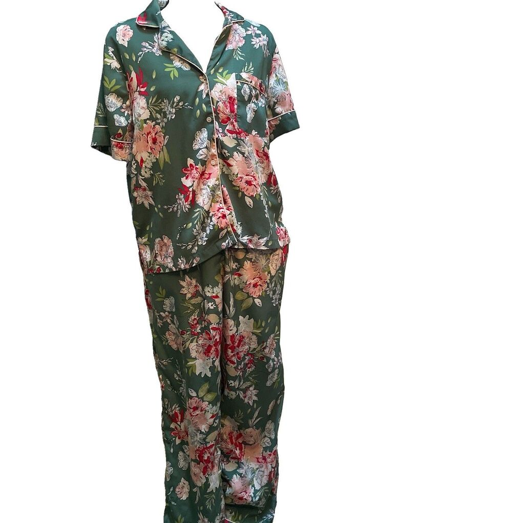 cupcakes & cashmere Satin Floral Pajama Set Medium Green Pink Cottagecore PJs